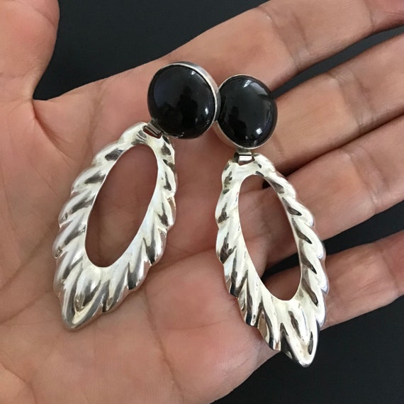 Taxco Sterling Silver Black Stone Earrings, Large… - image 8