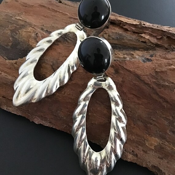 Taxco Sterling Silver Black Stone Earrings, Large… - image 4