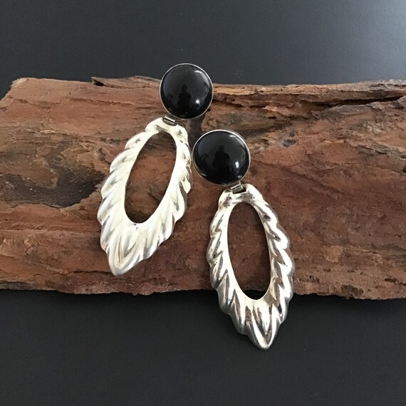 Taxco Sterling Silver Black Stone Earrings, Large… - image 2