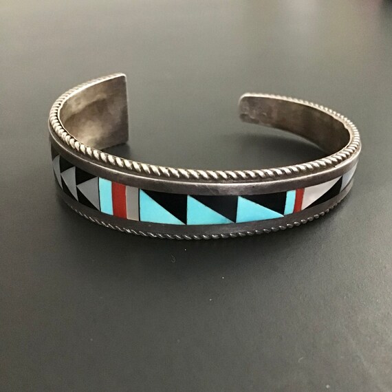 Sterling Silver Zuni Inlay Cuff Bracelet, 6 Inch … - image 1