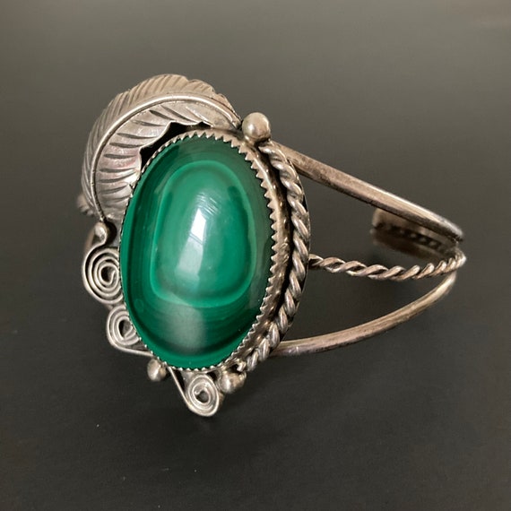 Vintage Navajo Sterling Malachite Cuff Bracelet 6… - image 2