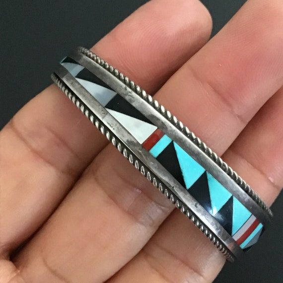 Sterling Silver Zuni Inlay Cuff Bracelet, 6 Inch … - image 9