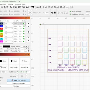 May include: A LightBurn 1.5.06 software interface displaying a laser engraving test grid for 6mm acrylic. The screen shows a matrix of colored squares, speed and power settings, and text reading 6mm Cast Acrylic — ENGRAVE 55W CO2.