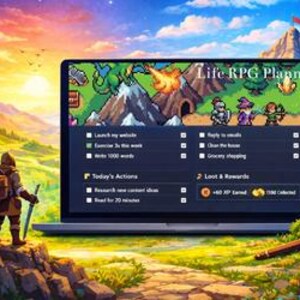May include: A digital illustration of a laptop displaying a "Life RPG Planner" interface. The screen shows a pixelated fantasy scene with mountains and characters. A person with a backpack and sword stands in front of the laptop. Gold coins and a pen are in the foreground.