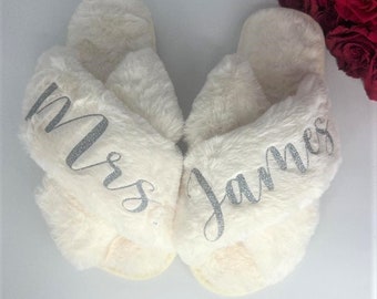 MRS Bride Custom Name Personalized Fluffy Initials Bridesmaids Slippers, Bride to be Bridal Shower Honeymoon Future Bride Wifey Gift,