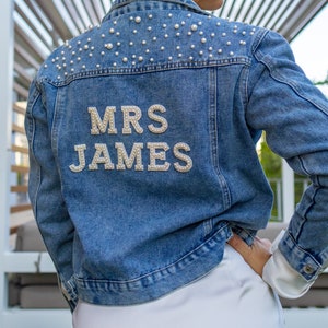 Personalized Bridal Rhinestone Denim Jacket, Mrs Last Name Pearl Jean Jacket, Bridal Shower Honeymoon Wifey Just Married Text Jacket Gift