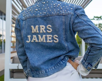 Personalized Bridal Rhinestone Denim Jacket, Mrs Last Name Pearl Jean Jacket, Bridal Shower Honeymoon Wifey Just Married Text Jacket Gift