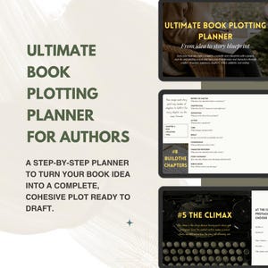 May include: The Ultimate Book Plotting Planner for Authors is a step-by-step guide to turn book ideas into a complete plot. The digital product features pages for building chapters and defining the climax, displayed on a screen with dark text.
