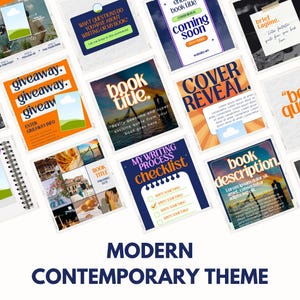 May include: A collection of social media templates with a modern, contemporary theme. The templates feature text like "book title," "cover reveal," and "giveaway," with colorful backgrounds and design elements. The bottom of the image reads "MODERN CONTEMPORARY THEME."