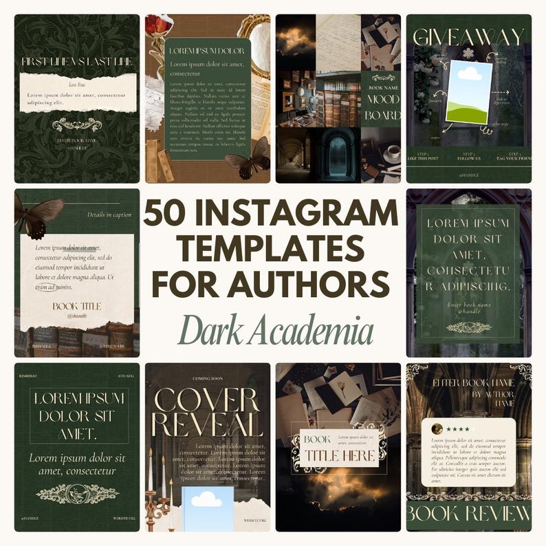 Op de afbeelding: Een collage van 10 Instagram-posttemplates voor auteurs, met een donker academisch thema. De templates bevatten tekstvakken voor boektitels, citaten en auteurinformatie. De achtergrondafbeeldingen bevatten vintage boeken, kaarsen en andere donkere academische elementen.