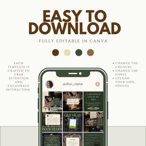Op de afbeelding: Een groene en bruine Instagram-sjabloon voor boekauteurs. De sjabloon bevat een boektitel, een giveaway-aankondiging, een boekrecensie en een citaat. De sjabloon is volledig bewerkbaar in Canva. De tekst op de sjabloon luidt "Boektitel hier", "Giveaway", "Boekrecensie", "Lorem ipsum dolor sit amet, consectetur adipiscing elit", "Citaat" en "Lorem ipsum dolor sit amet, consectetur adipiscing elit".