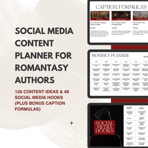 Könnte beinhalten: Ein digitaler Planer für Romantasy-Autoren mit Social-Media-Inhaltsideen und Bildunterschriftenformeln. Das Bild zeigt einen Titel, Inhaltsideen, Beispiele für Bildunterschriftenformeln und einen Monatsplaner. Das Farbschema ist hauptsächlich Weiß, Schwarz und Rot.