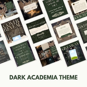 Op de afbeelding: Een collage van negen afbeeldingen met een donker academisch thema. De afbeeldingen tonen boeken, kaarsen, een citaat, een boekrecensie, een weggeefactie en een boeken-moodboard. De tekst in de afbeeldingen omvat "Cover Reveal", "Book Title Here", "First Lens Last", "Lorem Ipsum Dolor Sit Amet", "Quote", "Giveaway", "Book Mood Board", and "Book Review".