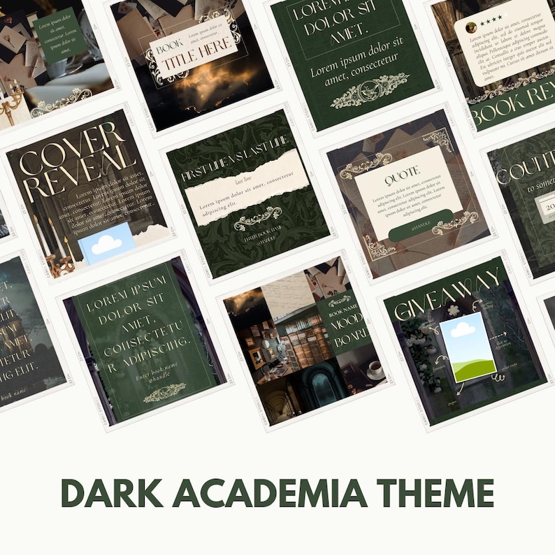 Op de afbeelding: Een collage van negen afbeeldingen met een donker academisch thema. De afbeeldingen tonen boeken, kaarsen, een citaat, een boekrecensie, een weggeefactie en een boeken-moodboard. De tekst in de afbeeldingen omvat "Cover Reveal", "Book Title Here", "First Lens Last", "Lorem Ipsum Dolor Sit Amet", "Quote", "Giveaway", "Book Mood Board", and "Book Review".