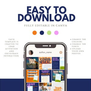 May include: A digital marketing graphic with the text "EASY TO DOWNLOAD" and "FULLY EDITABLE IN CANVA." The image shows a phone with various book-related templates. Additional text includes "CHANGE THE COLORS," "CHANGE THE FONTS," and "UPLOAD YOUR OWN PHOTOS."