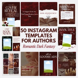 Könnte beinhalten: Eine Sammlung von 50 Instagram-Vorlagen für Autoren, mit dem Thema Romantische Dark Fantasy. Die Vorlagen zeigen dunkelrote und braune Hintergründe mit Rosen, Kerzen und buchbezogenen Grafiken. Texte umfassen "Cover Reveal", "Book Announcement" und "Book Title".