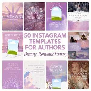 Plantillas de Instagram de autores de fantasía romántica y romance - 50 publicaciones de Canva (descarga digital) - Rosa, morado y blanco