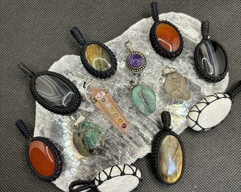 Crystal Pendants (Agate, Carnelian, Scolecite, Labradorite, Emerald, Rose Quartz, Amethyst, Smokey Quartz, Sterling Silver & Macrame)