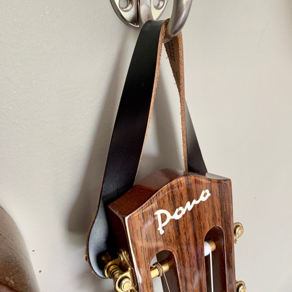 Black Leather Wall Hanger for Ukulele, Guitar, Banjo, Mandolin, Etc.