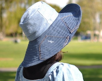Upcycled Two-Tone Denim Sun Hat: Wide Brim, Handmade