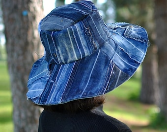 Handmade Upcycled Denim Patchwork Sun Hat - Wide Brim, 23"