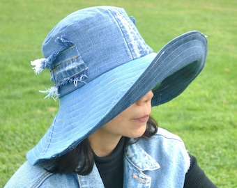 Upcycled Denim Wide Brim Sun Hat: Handmade Patchwork Design