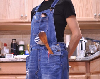 Utility Upcycled Long Denim Apron with 6 Pockets and Adjustable Strap Unisex One Size for artist, artisan, chef, barber, sculptor, carpenter