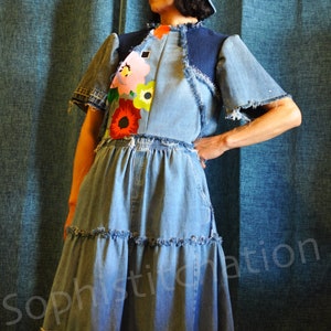 Special design upcycled fray edge denim top with screen printing princess line at back Size Small