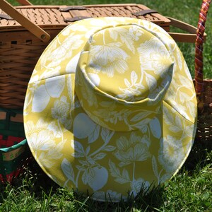 Handmade Yellow Floral Print Women&#39;s Sun Hat Wide Brim Hat Summer Hat One Size Up To 22.5&quot; Head Circumference Purple Ribbon Inside