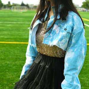 Cute Oversized Sky And Cloud Cropped Denim Jacket One Size ONLY One Size X Small To Size XXXL