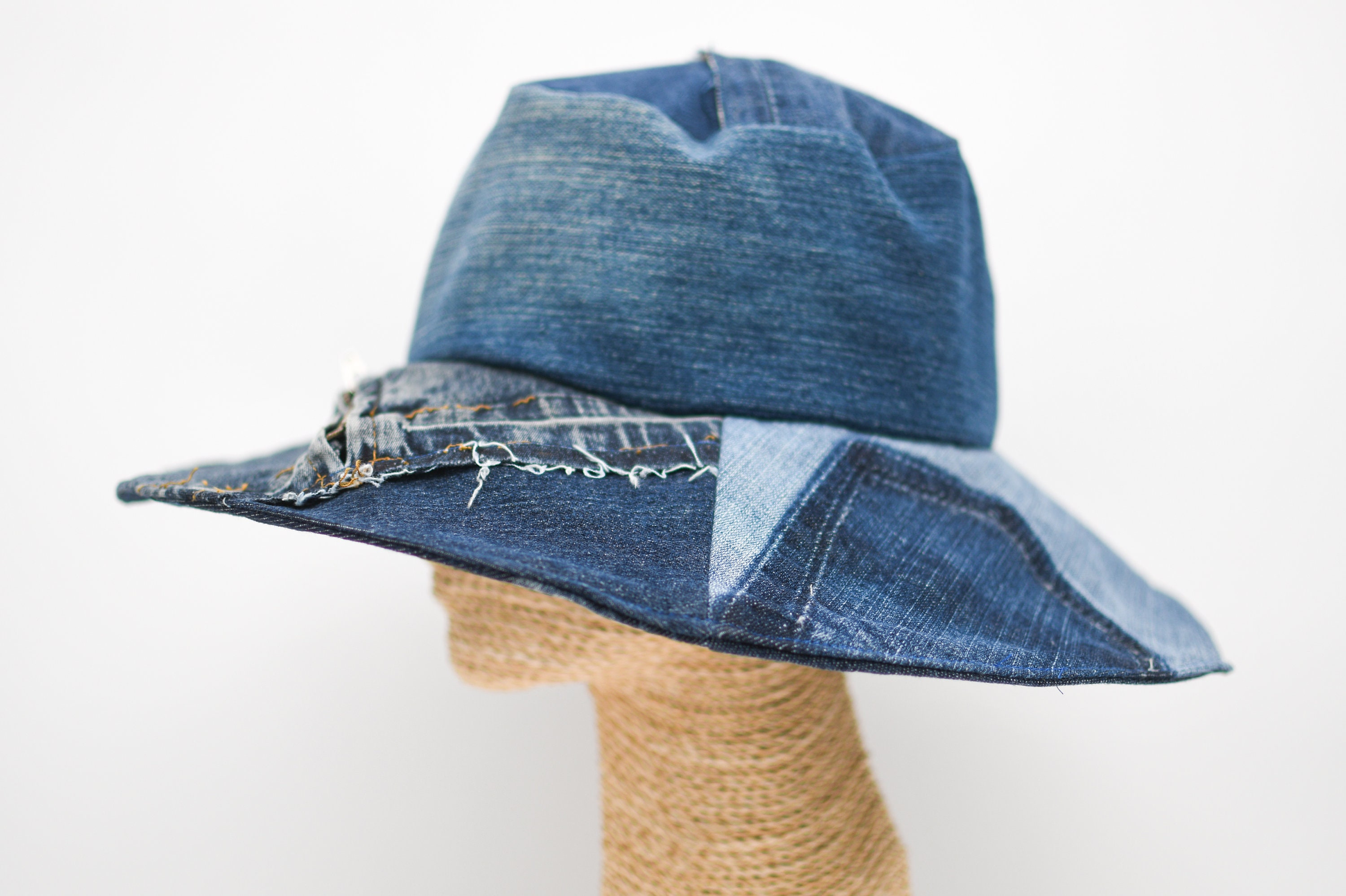 Upcycled Denim and Floral Patchwork Boho Sun Hat One Size Sandy Days Bucket Hat - Folk Flower Patchwork – Natural Life main image 3