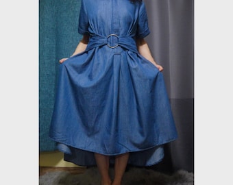 hi low denim shirt dress BamGleam Women's Short Sleeve Denim Shirt Dress Blue Asymmetrical Hemline Collar Casual Style High Low Detail