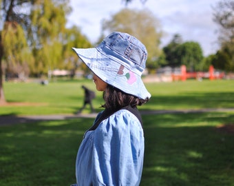 Upcycled Denim + Canvas Hand-Painted Floral Adjustable Sun Hat Floral Embroidery Denim Cowboy Hat, Sunflower Embroiderey  main image 4
