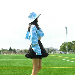 Cute Oversized Sky And Cloud Cropped Denim Jacket Size X Small To Size XXXL And Matching Sun Hat