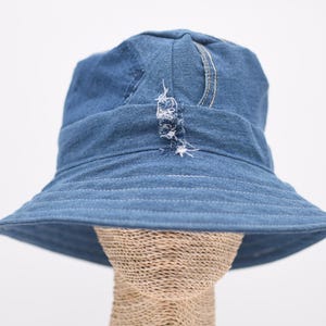 4-Way-Wear Upcycled Jeans Pocket Detail Denim Bucket Hat One Size Up To 23.25” Head Circumference With Navy Color Ribbon