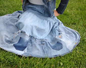 Handmade Upcycled Denim Skirt: Elastic Waist, Fits M-1XL