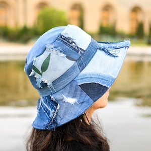 Upcycled Patchwork Denim Bucket Hat: 4-Way-Wear, Frayed Edges