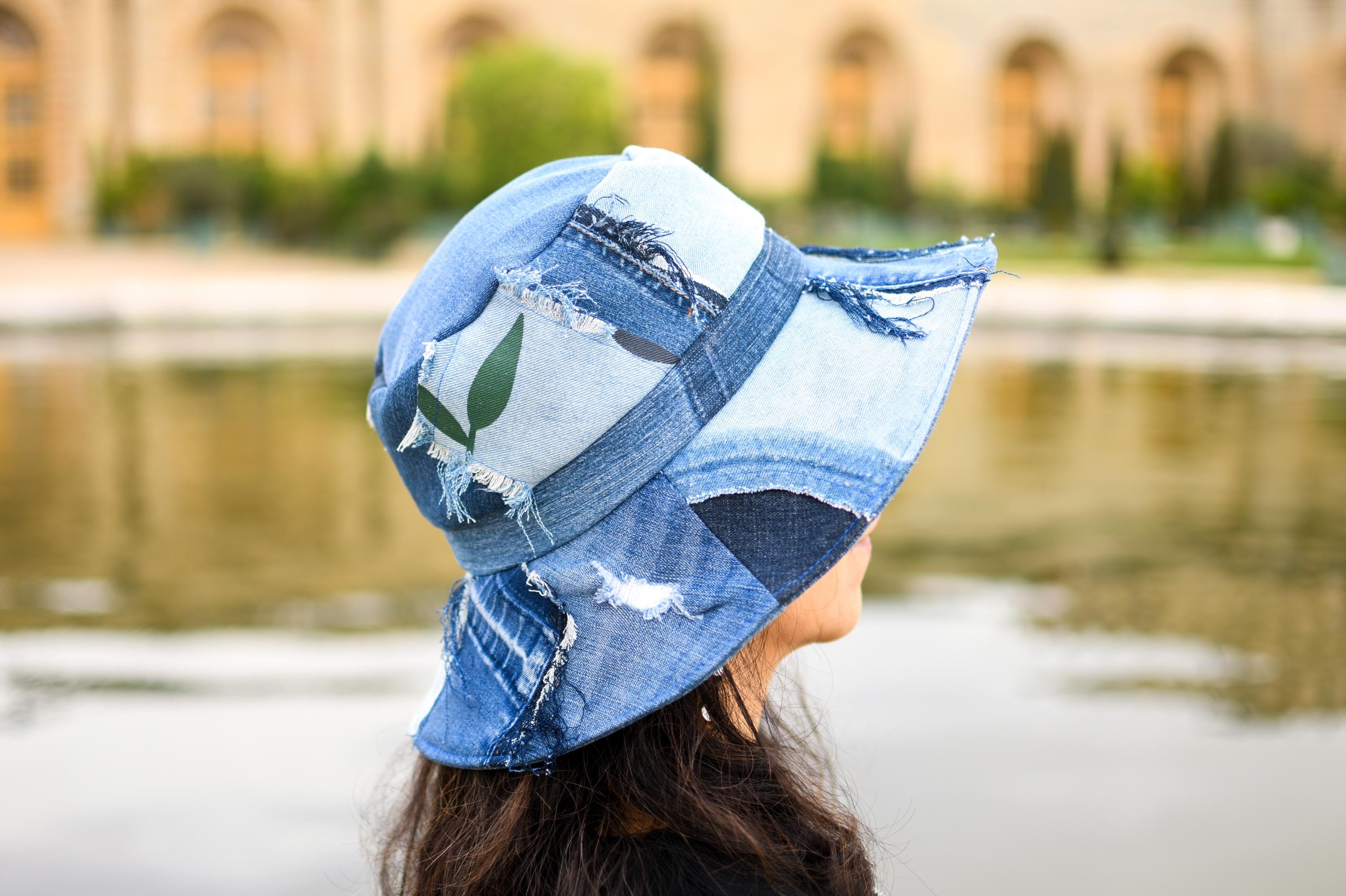 Upcycled Patchwork Denim Bucket Hat: 4-way-wear, Frayed  display picture 3