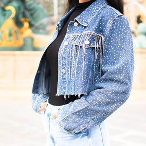 Women&#39;s Cropped Denim Jacket with Rhinestones and Rhinestone Tussles Size Small/ Size 4 Size 6