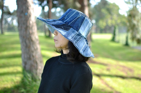 Handmade Upcycled Denim Patchwork Sun Hat - Wide Brim, 23 