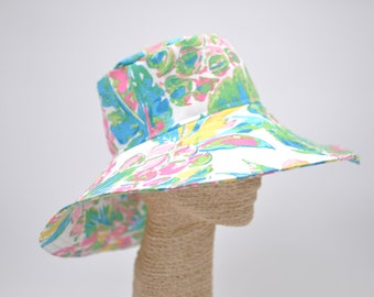 Handmade Floral Print Sun Hat: 4-Way-Wear Wide Brim, Up to 22.5"