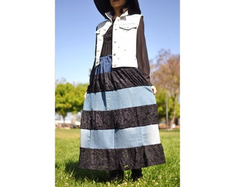Upcycled Denim Lace Maxi Skirt: Layered Boho Skirt (Size 4-8)