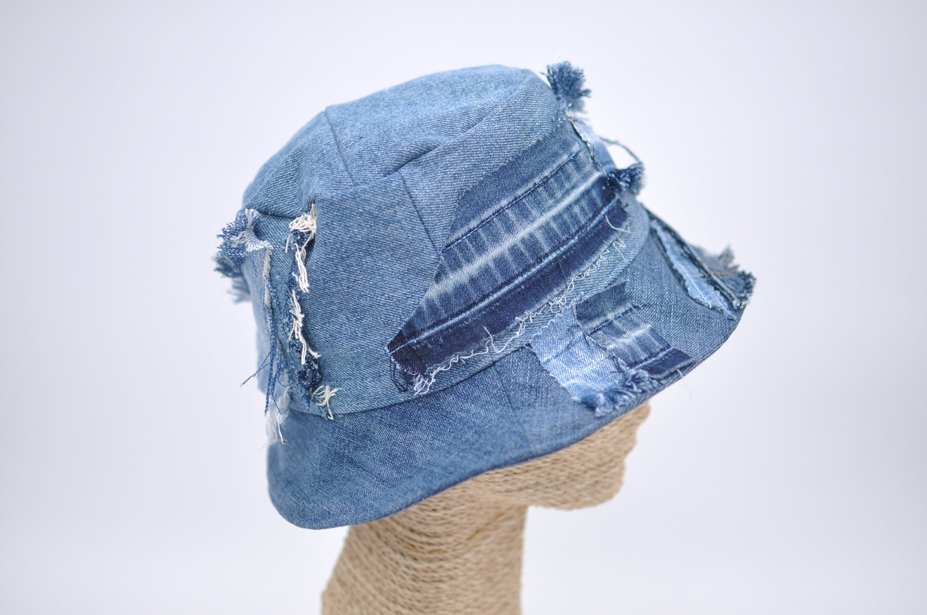Upcycled Distressed Washed Green Denim Patchwork Bucket Hat OS Patchwork Denim Bucket Hat – Nwkreutzer main image 3