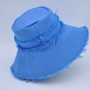 Handmade Frayed Edges Wide Brim Blue Sun Hat One Size 22&quot;-23&quot; Head Circumference