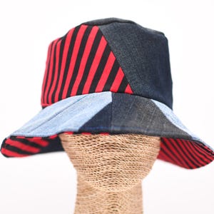 Handmade Denim Patchwork Bucket Hat: Black & Red Stripes, One Size