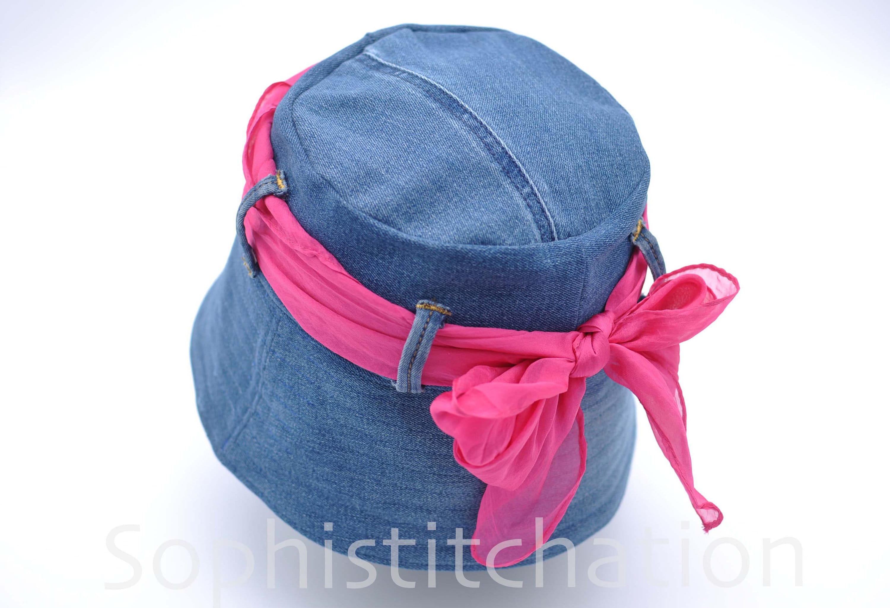 Upcycled Pink Denim Patchwork Bucket Hat with Lace and Vintage Embellishments OS Upcycled Denim M/22.5 main image 3