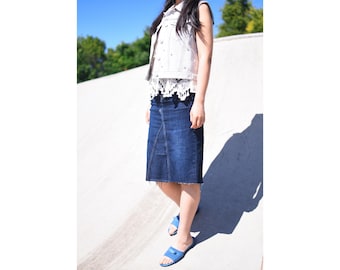 Upcycled Denim Skirt: Handmade Frayed Edges Jean Skirt, Size Small/Medium