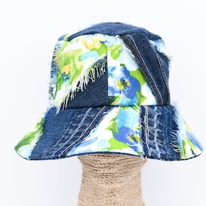 Handmade 1 Of 1 4-Way-Wear Frayed Edges Floral Print And Navy Denim Patchwork Bucket Hat Upcycled Only ONE Up To 22.5&quot; Head Circumference