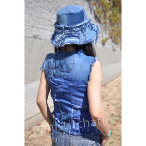 Fray and Pocket Detail Upcycled denim special design Patchwork top
