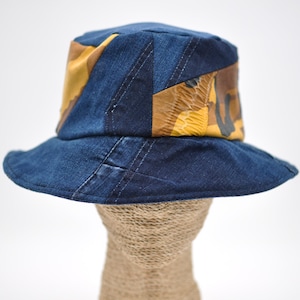 1 Of 1 4-Way-Wear Camouflage And Navy Denim Patchwork Bucket Hat Upcycled Hip Pop Dance Hat One Size Up To 23” Head Circumference